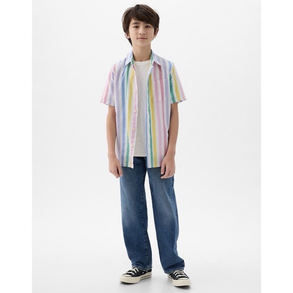 Gap Pastel Striped Linen Cotton Short Sleeve Button Down Shirt Kids Large 10